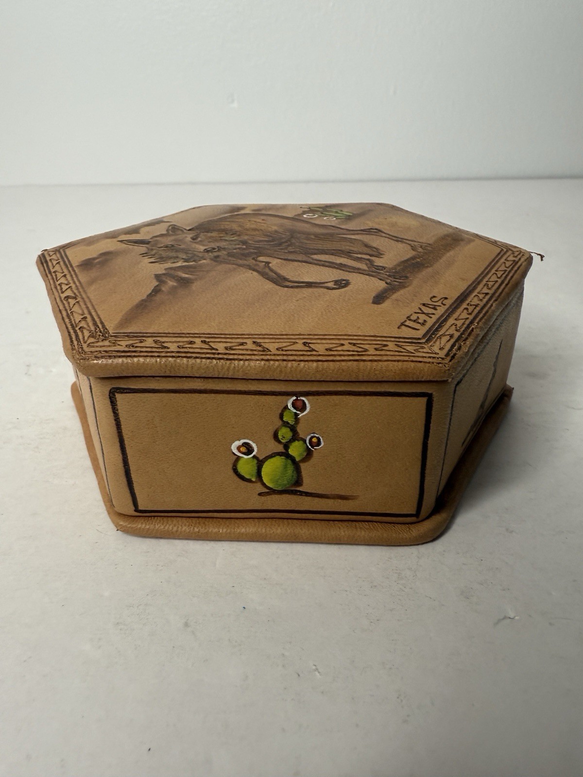 Vintage Faux Leather Hexagon Storage Jewelry Box Red Felt Texas Coyote Handmade