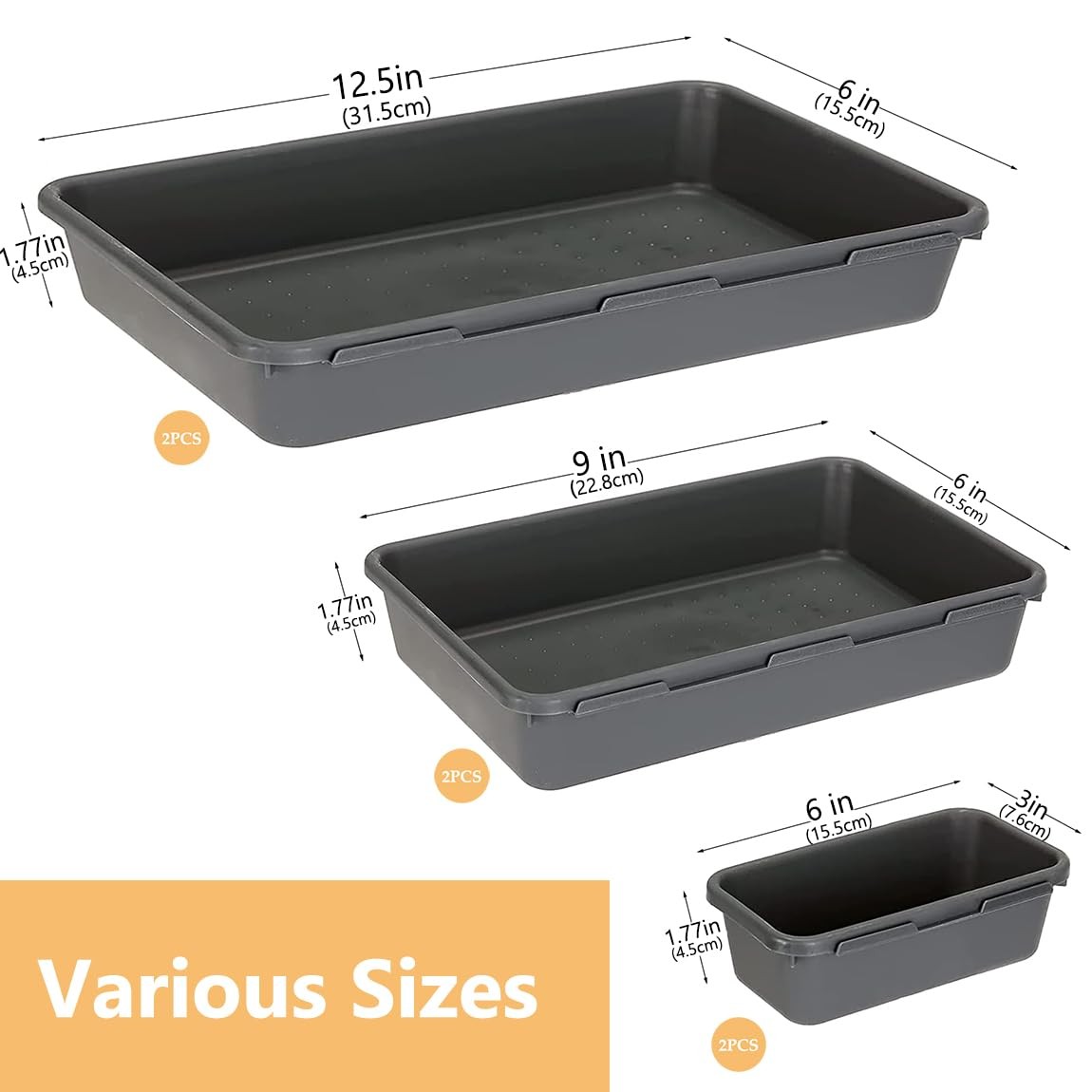 6 PCS Large Drawer Organizer, 3 Sizes Plastic Versatile 2XXL+2XL+2L, Gray