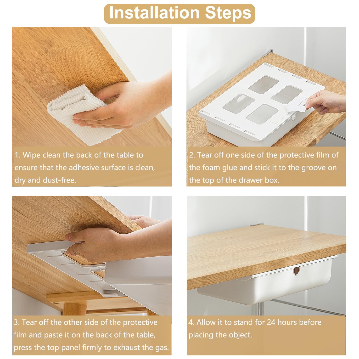 2 Pack Under Desk Drawer, Large & Medium Self-Adhesive White