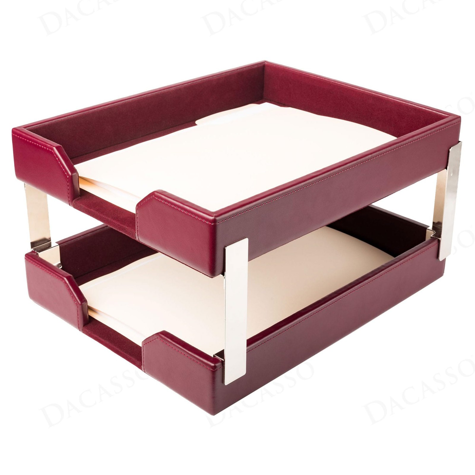Burgundy Bonded Leather Front-Load Double Letter Tray Set w/Silver Stacking P…
