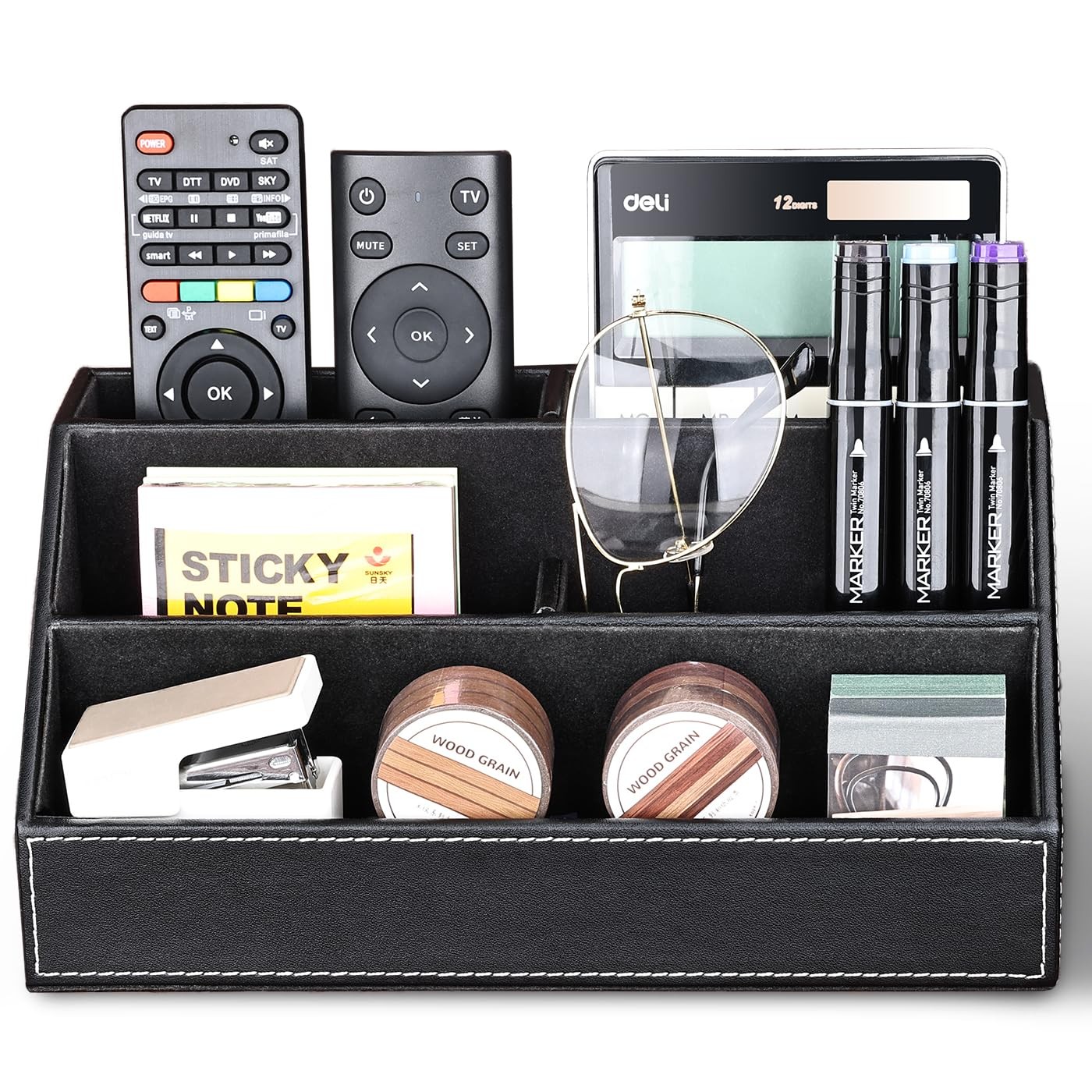KINGFOM Pu Leather Desk Organizer with 5 9.4 x 5.3 x 4.7 inches, Black