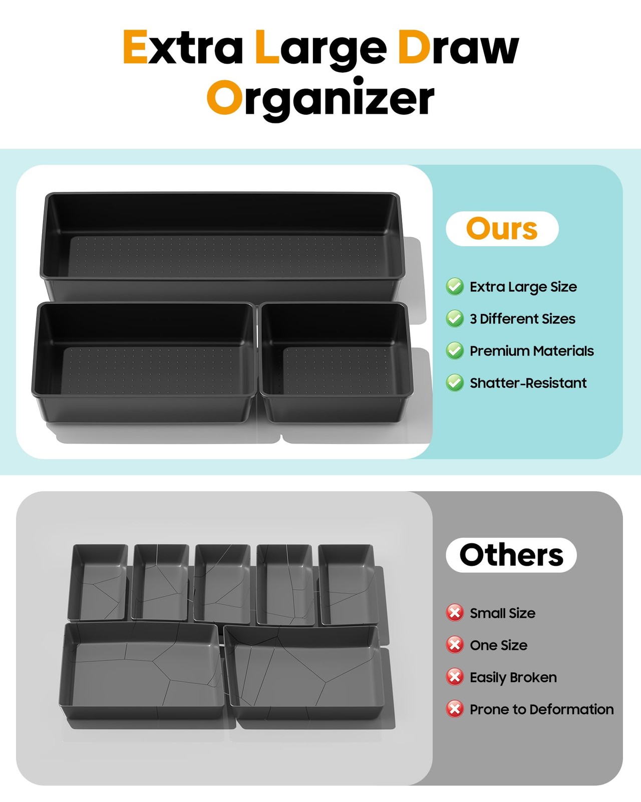 MLIKLU 10 Pack Large Size Plastic Drawer Organizers Set, 3 Sizes Desk Black