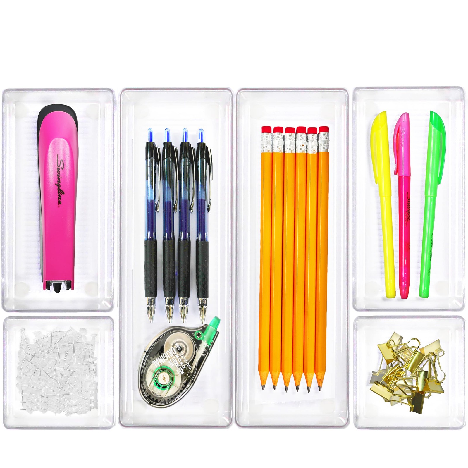 Clear Drawer Organizer Bins for Office Desk Storage, Assorted Sizes, 6 Pack