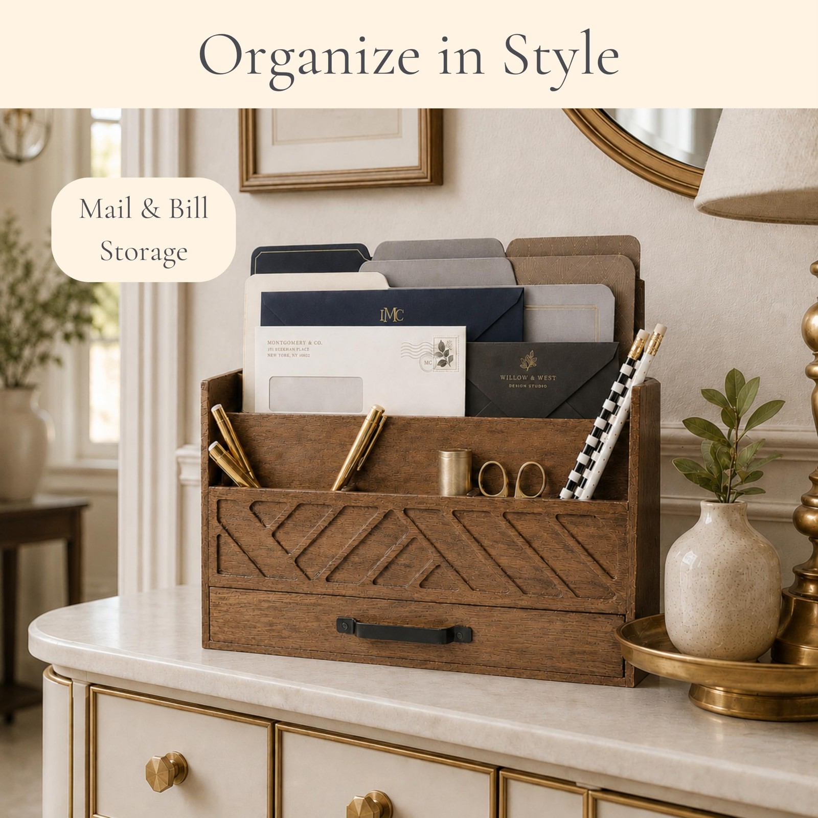 | Wooden Mail Organizer with Drawer and Compartments | Mail Sorter Organizer …