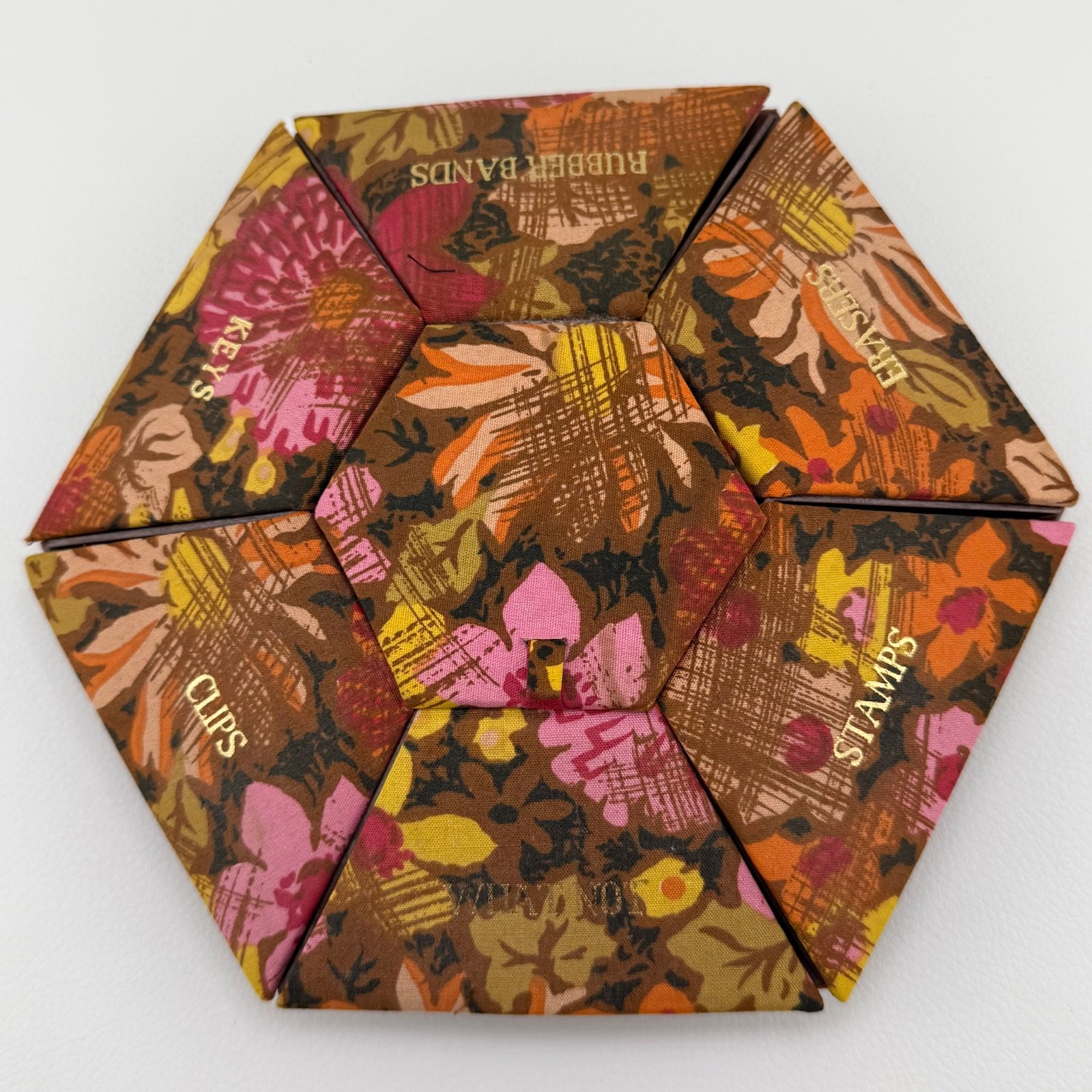 MCM Boho Hexagon Desk Supplies Organizer Storage Box Brown Floral Japan 7.75″