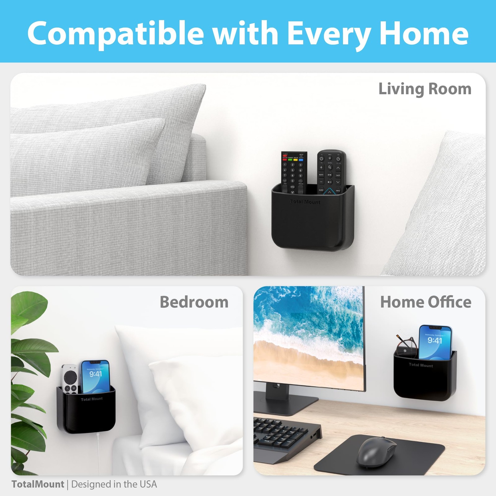 1 PCS Black HoleFree Adhesive Remote Control Wall Mount Holder Organizer Rack