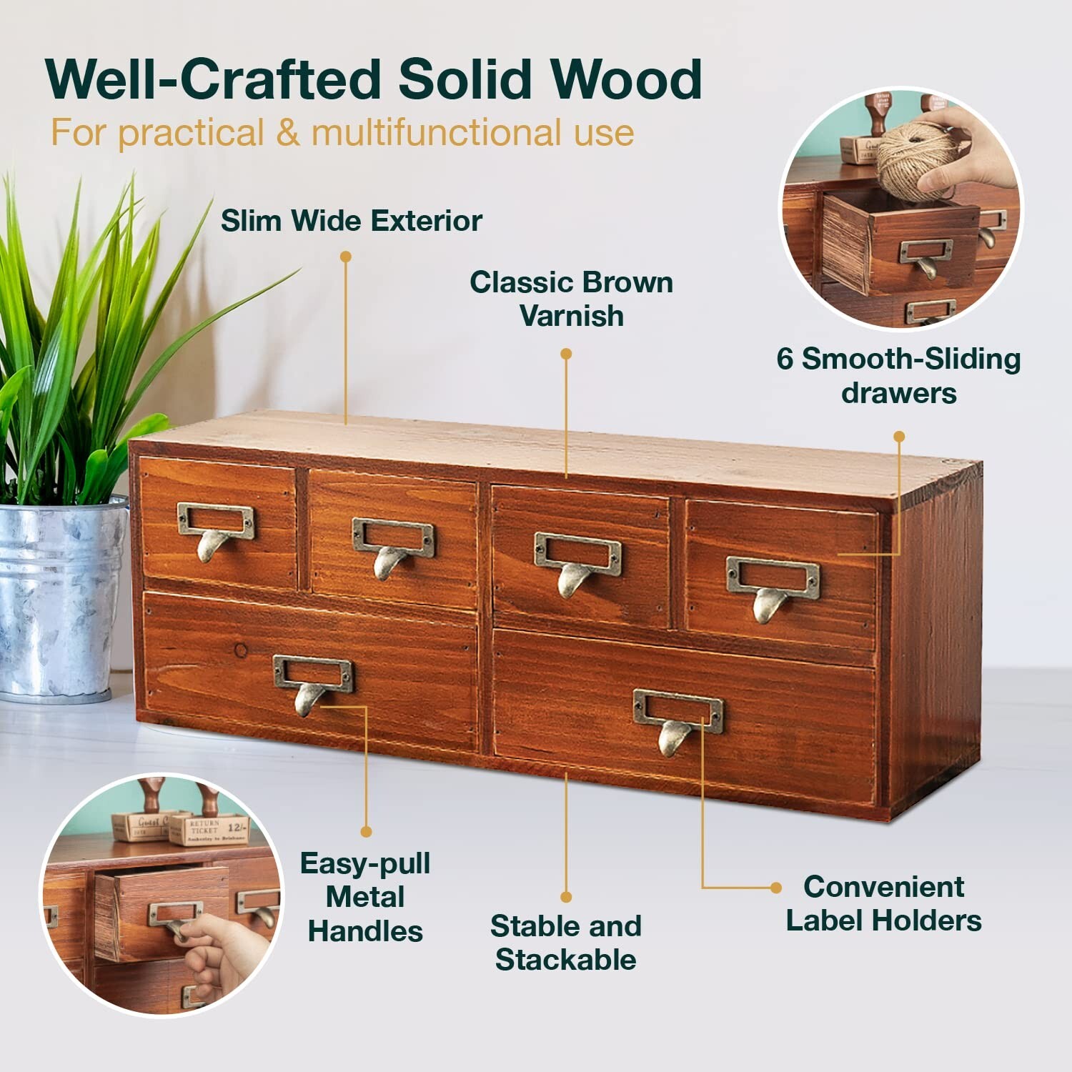 6-Drawer Vintage Desk Organizer Classic Brown Wood Storage Drawers for Tablet…
