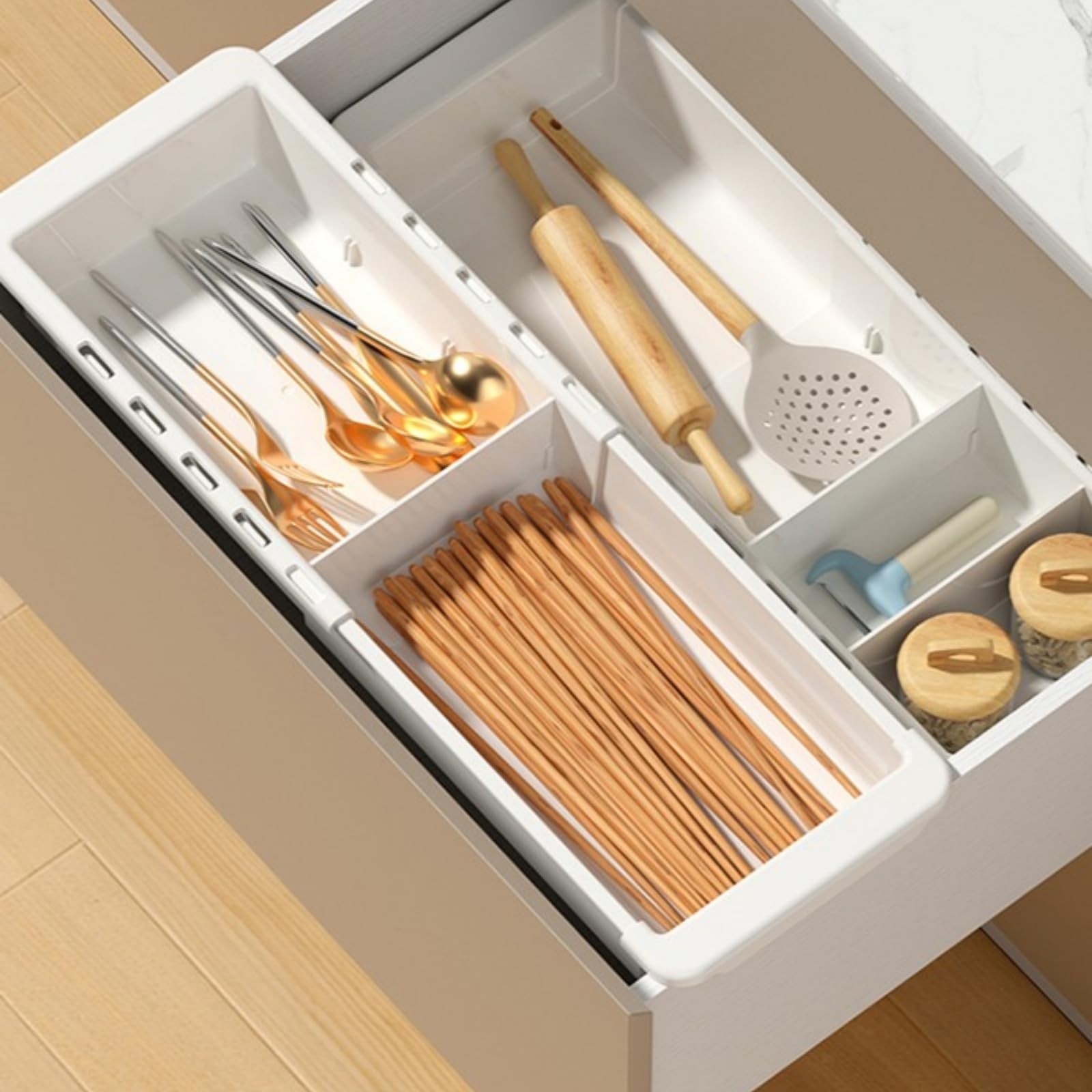 EooUooIP Sliding Drawer Tray with Adjustable Dividers, Expandable White