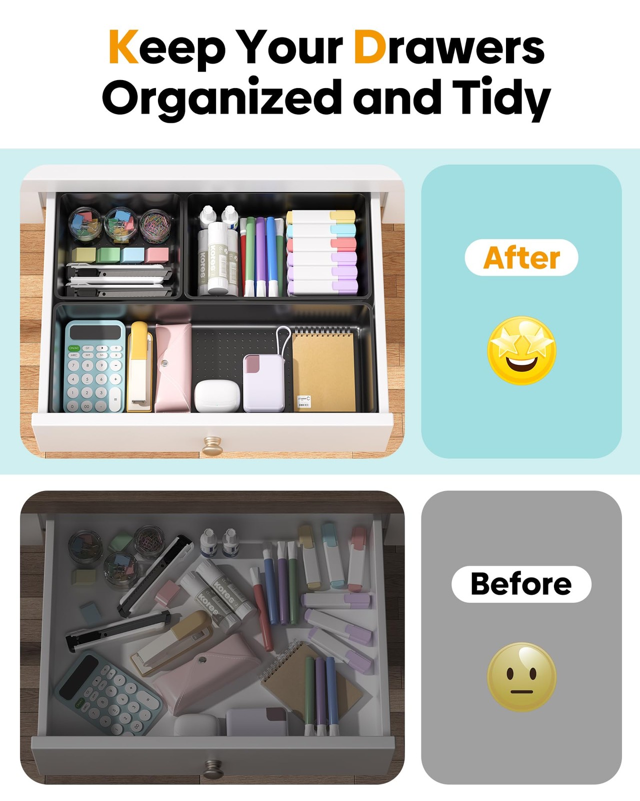 MLIKLU 10 Pack Large Size Plastic Drawer Organizers Set, 3 Sizes Desk Black