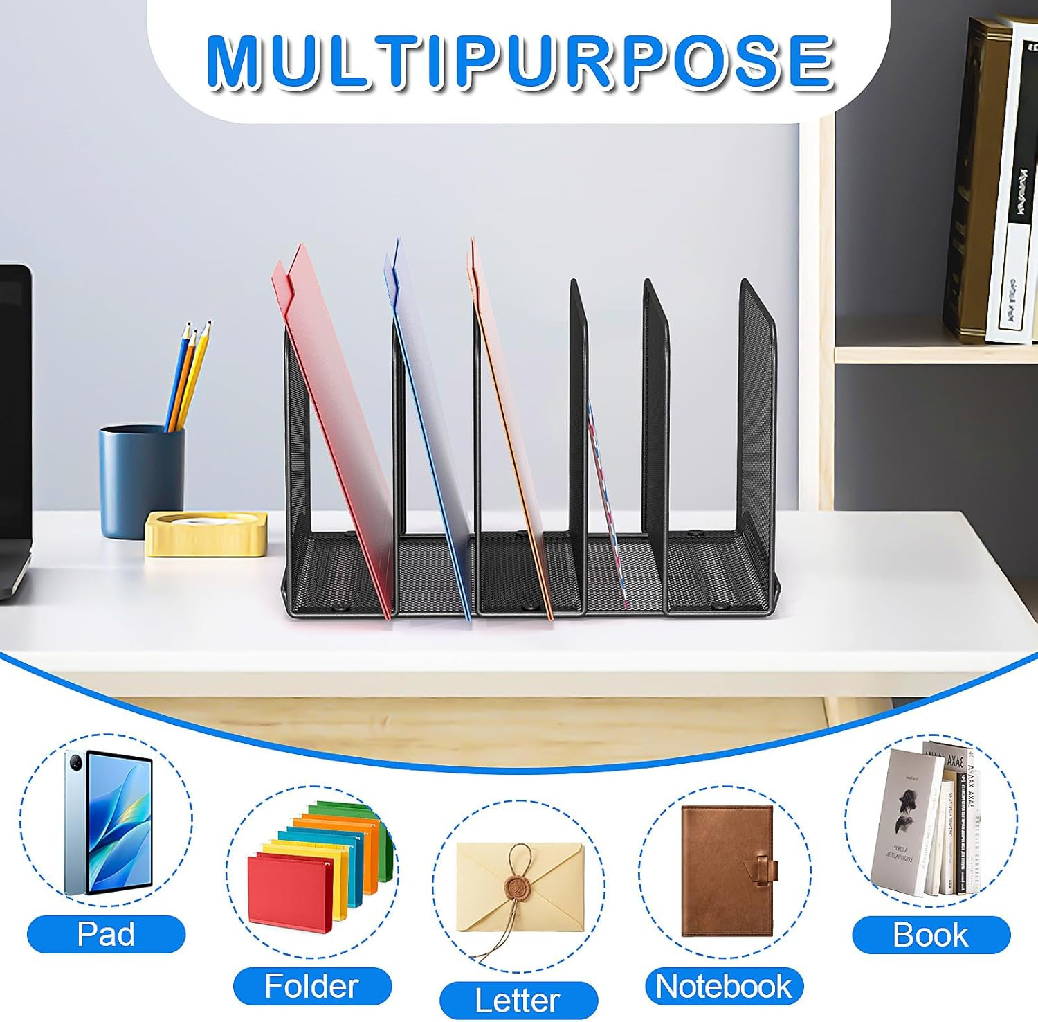 5 Sections Desk File Holder/Rack/Sorter,Mesh File Organizer,File Folder Organize