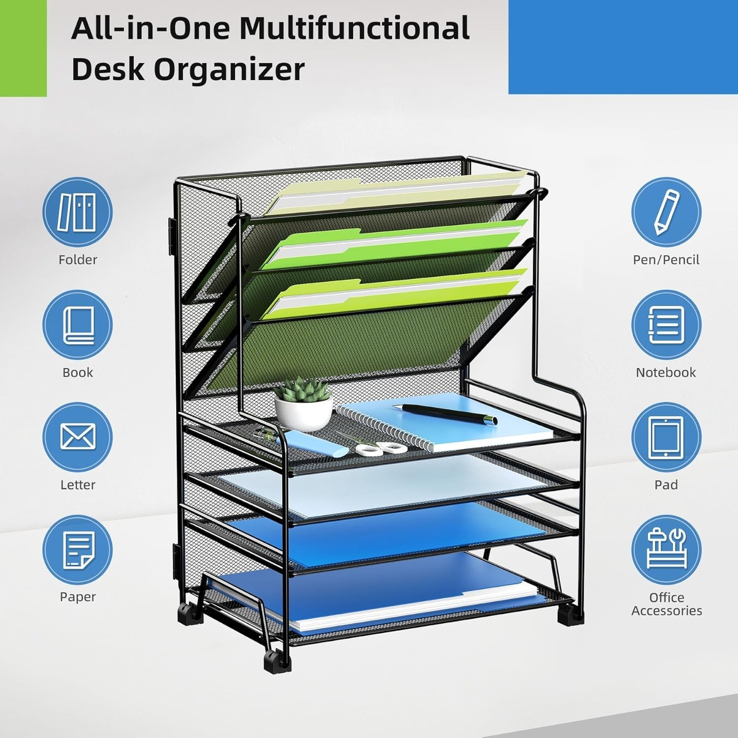 4-Tier Paper Organizer + 3-Pocket File Holder + Drawer + Pen Holders, Desktop…