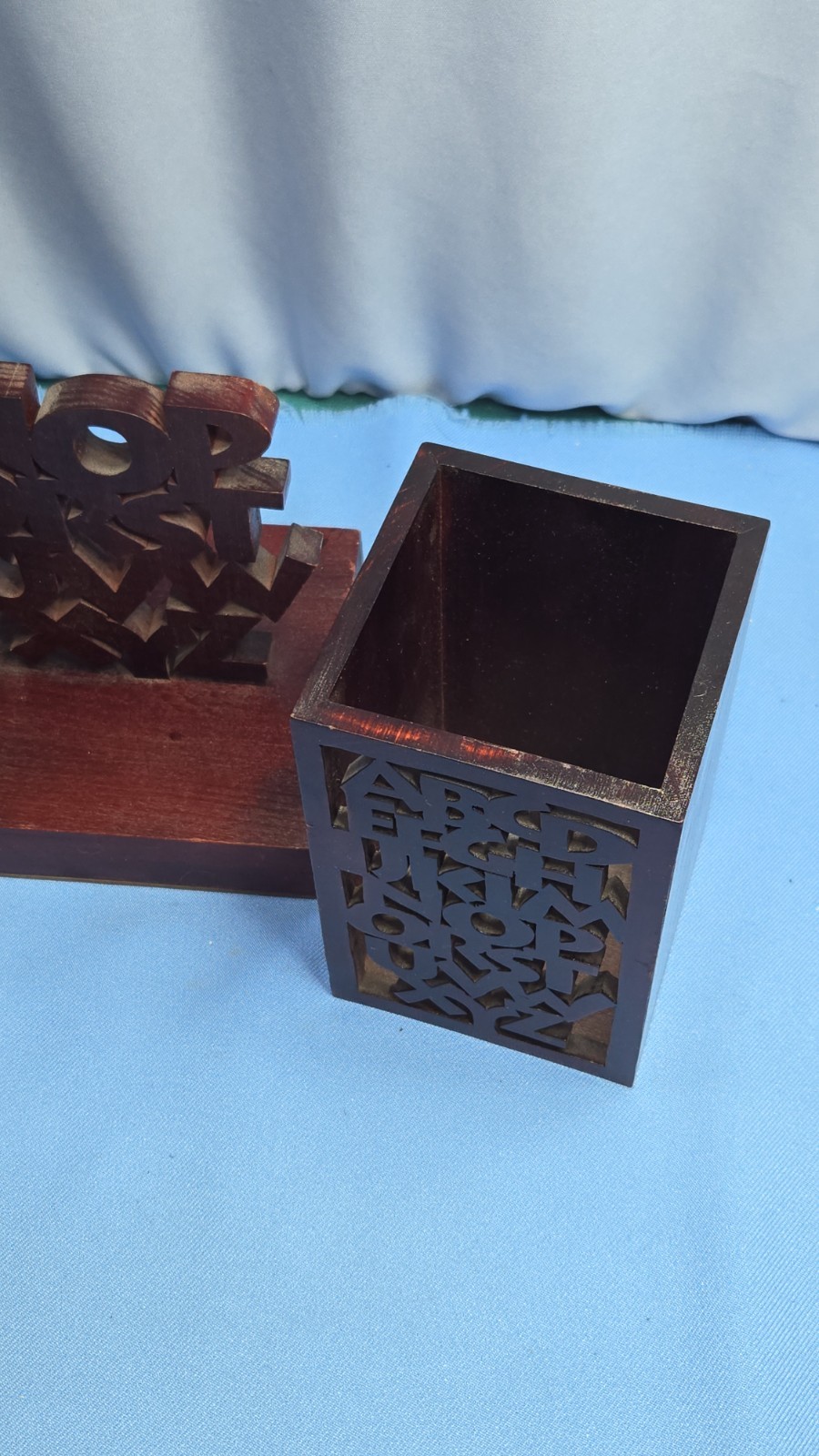 Alphabet Carved Wood Desk Library Bookcase Organizer Holder Set Bookends Box Pen