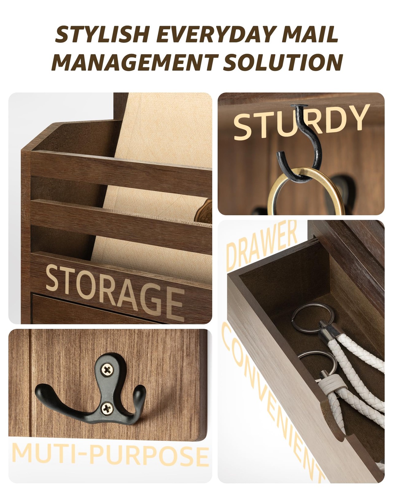 Farmhouse Wood Mail Organizer Wall Mount – Key and Mail Holder for Wall with Sto