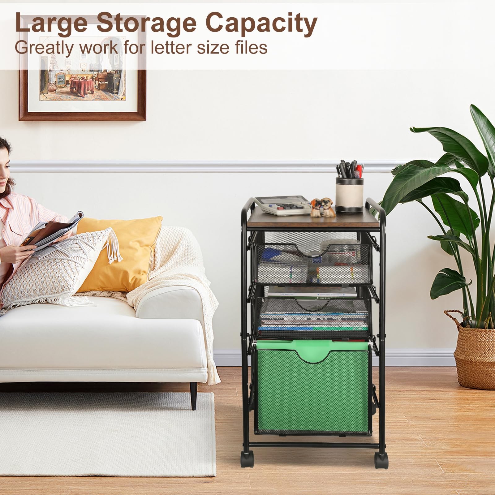 EasyPAG 3-Tier Rolling File Cart with 1 Large & 2 Small 3 Drawer, Black