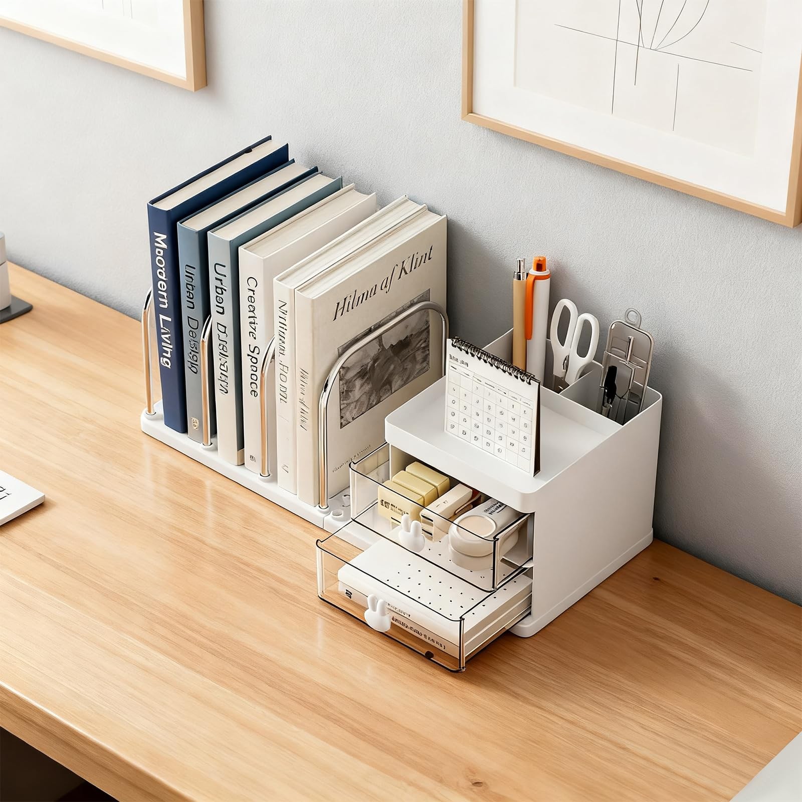 Desk Organizer with 2 Drawer, Desktop File 4 Bookends, White