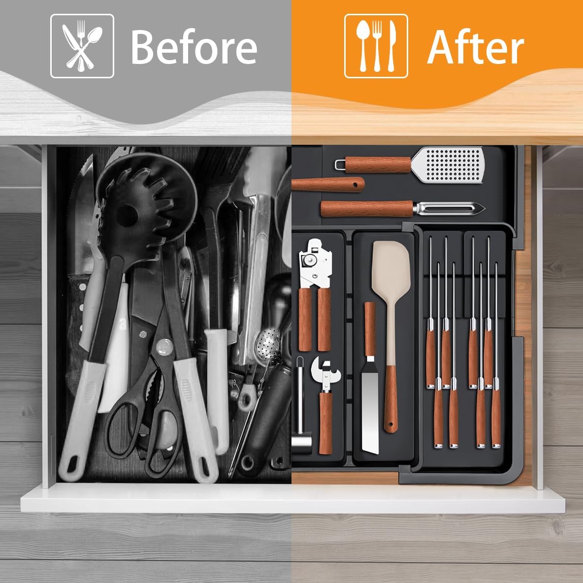 Large Utensil Drawer Organizer for Kitchen, Expandable Silverware Black