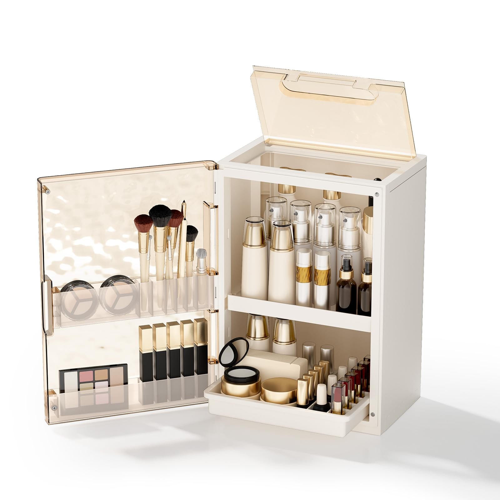 AERCIINC Makeup Organizer with Drawers and Lid, 9.9”L × 7.3”W × 7.9”H, White