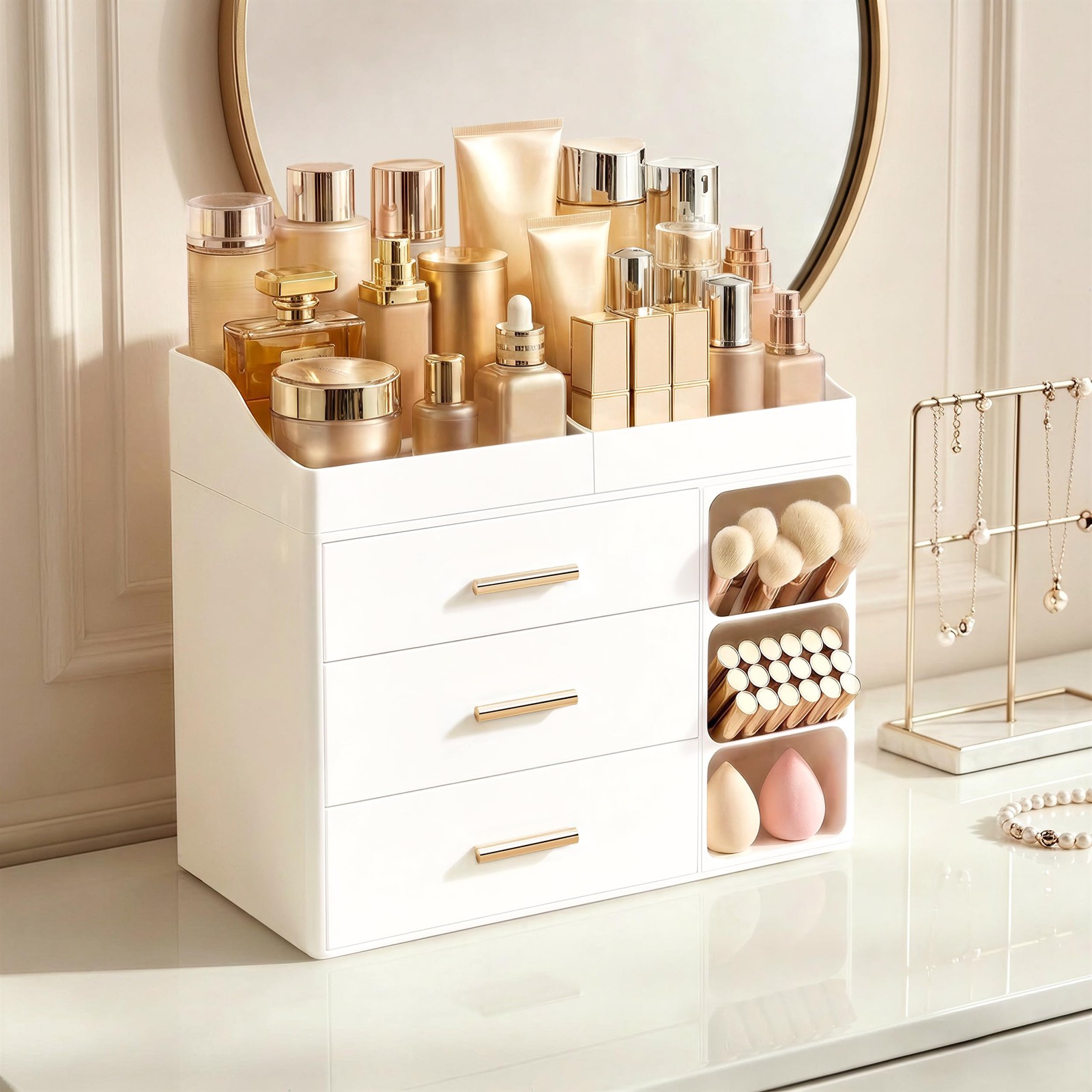 HBlife Makeup Organizer Countertop with Brush Holder,Large Large, All White