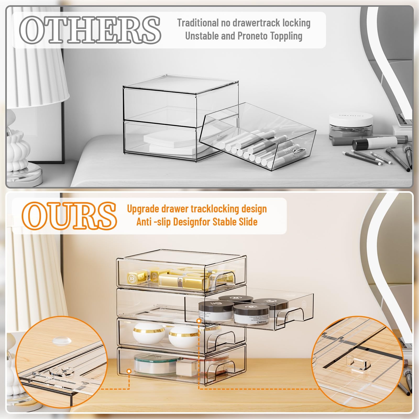 2.2” Tall Acrylic Clear Stackable Storage Drawer Organizer,8 Pack Desk Organ…