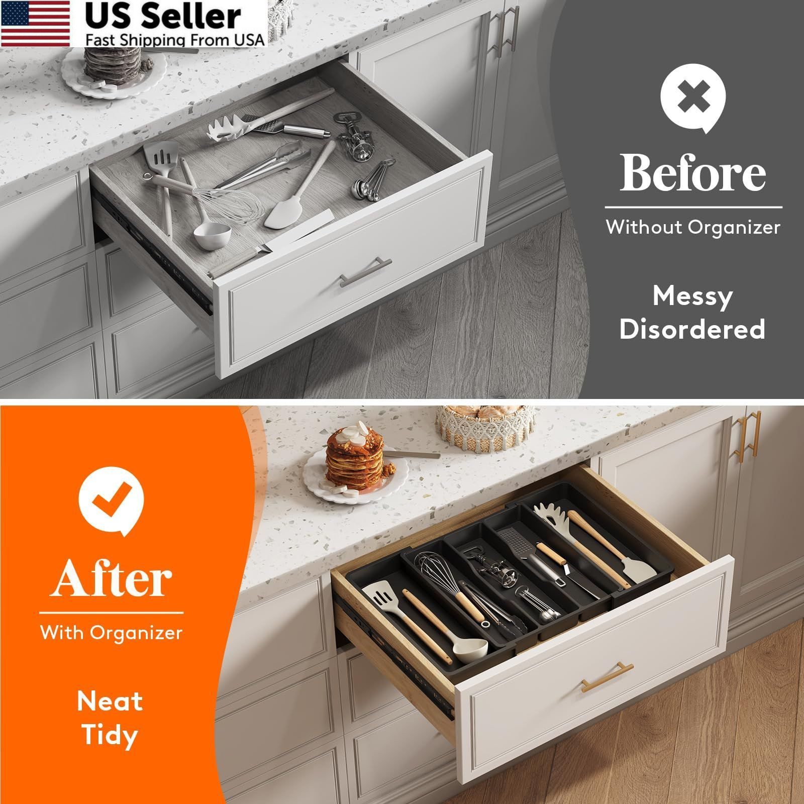 Lifewit Utensil Organizer for Kitchen Drawers, Large(13-22”W x 15″D), Black
