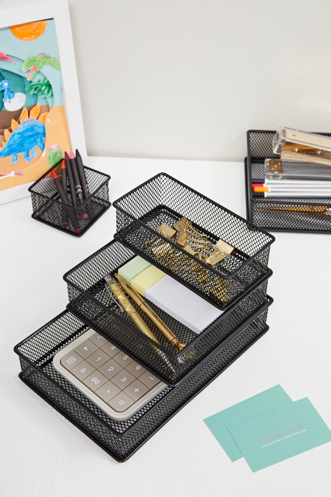 Annova Mesh Stackable Drawer Cabinet and Shelf Organizer 3x9x2 Inch, Black
