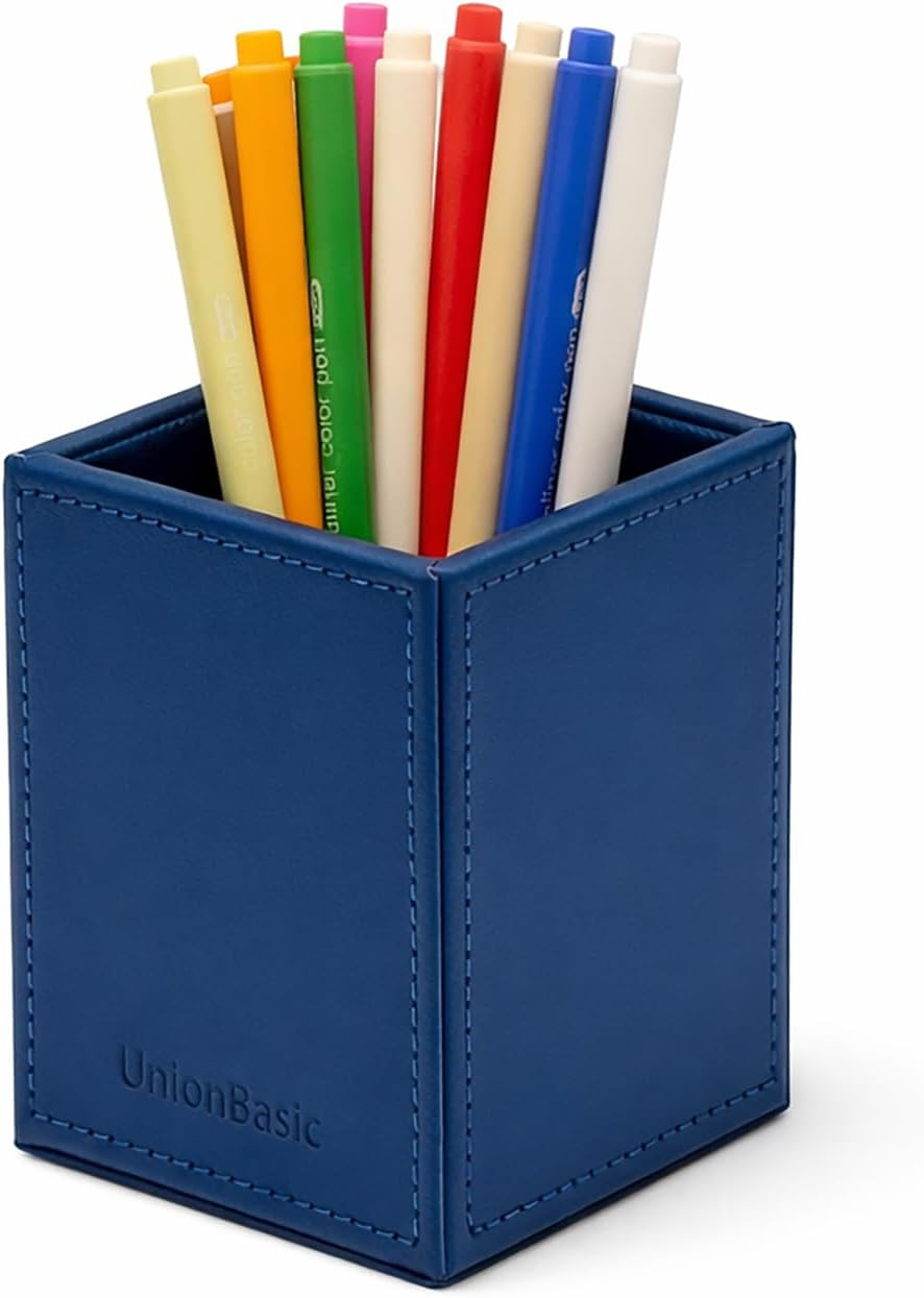 Square Pen Holder, Leather Pencil Cup, Desktop Caddy Stationery Organizer, True