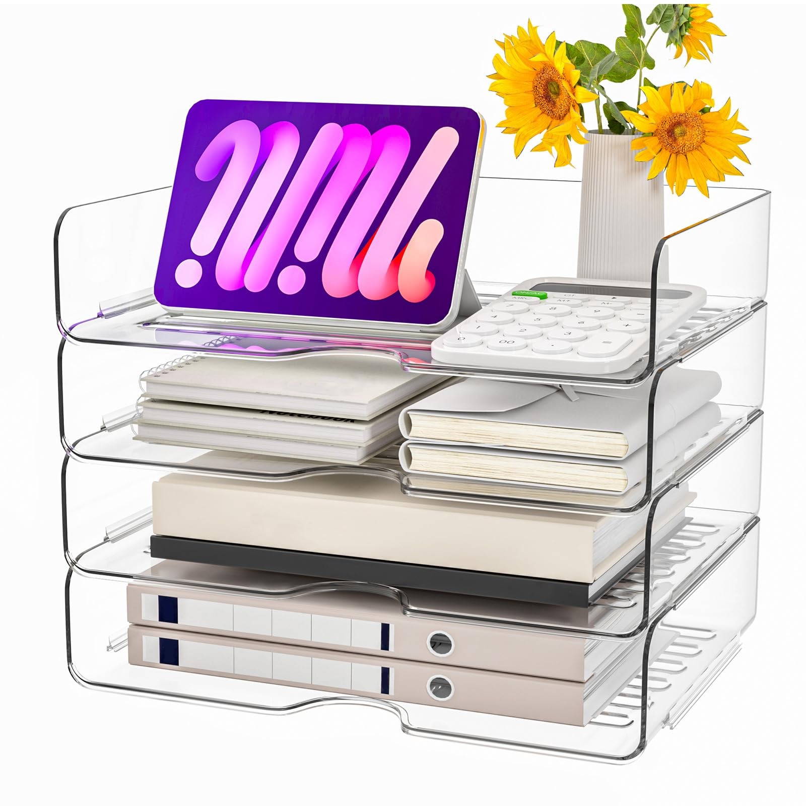 Paper Organizer Letter Tray, 4 Pack Acrylic Stackable 4-tier Widened, White