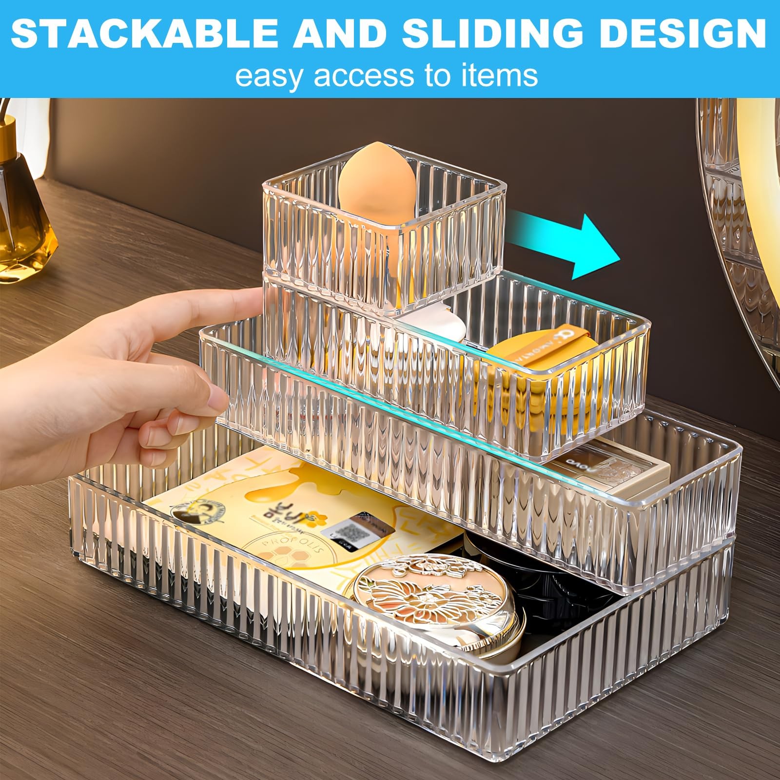 7 PCS Clear 4 Size Stackable Plastic Makeup Drawer Organizer Storage Bins