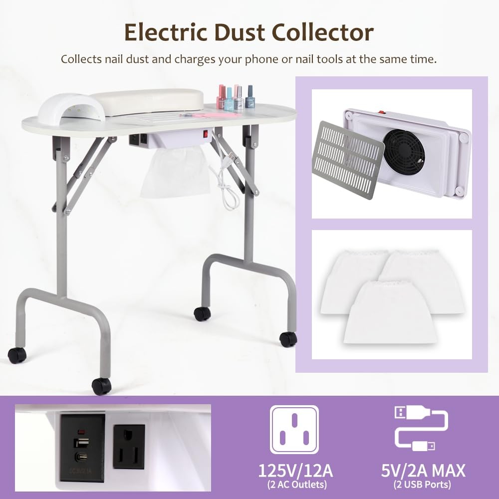 AGESISI Portable Manicure Table 35.43″L x 14.5″W x 27.95″H, White Marbled