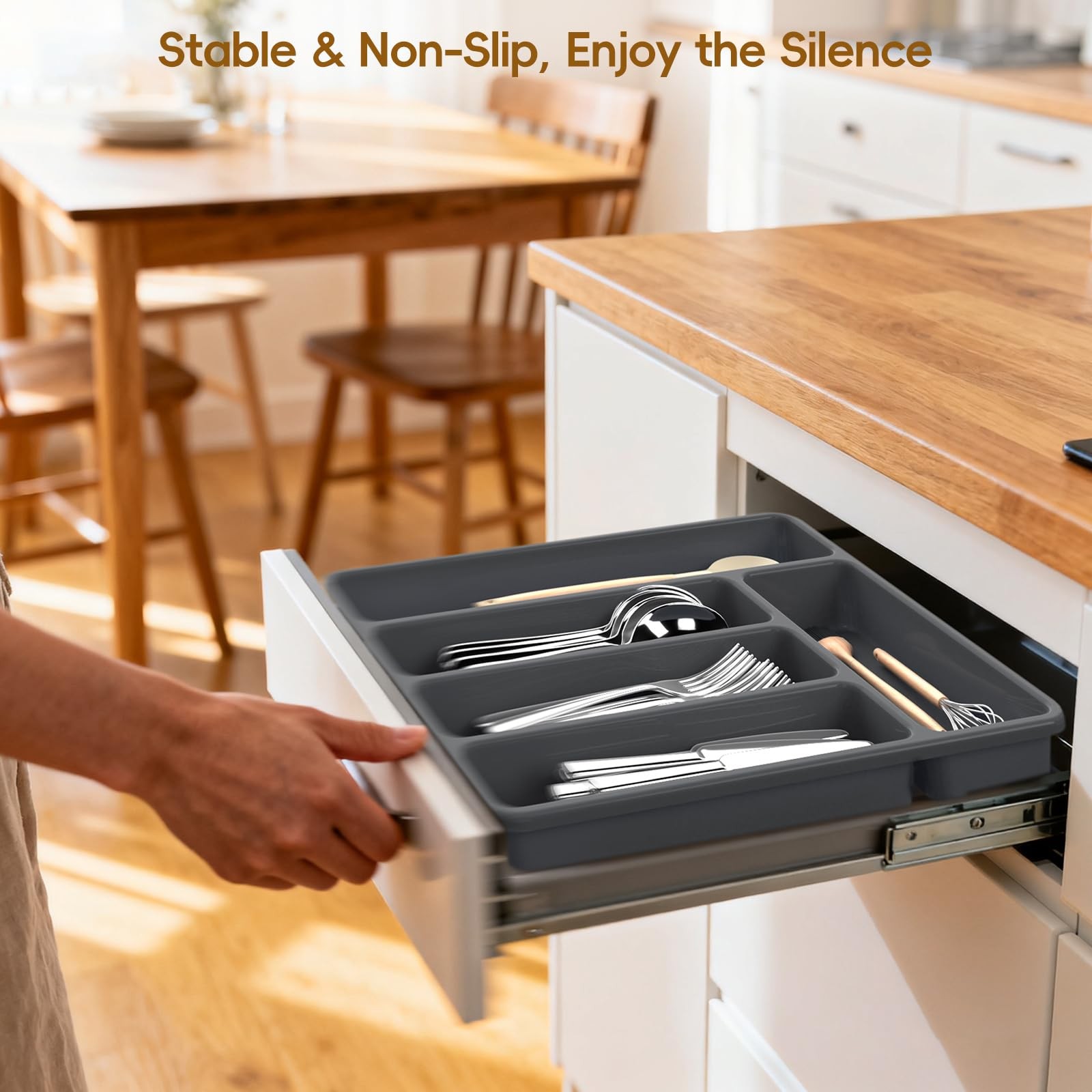 Non-Slip Silicone Kitchen Drawer Organizer for Utensils & Flatware | Heavy-Du…