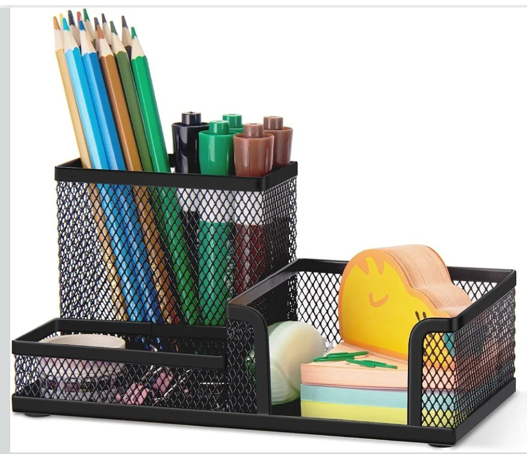 Black Mesh Metal Desktop Organizer, 3-Compartment Desk Pen/Pencil Holder
