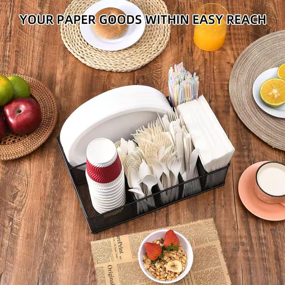Countertop Black Metal Paper Plate Organizer with 6 Compartments Cup Napkin Uten