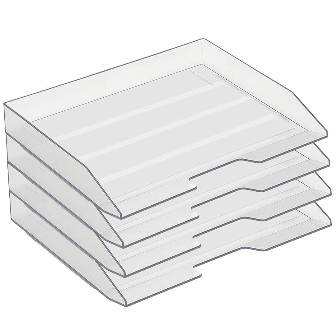 Clear Crystal 4 Tier Plastic Stackable Side Load Letter Paper Tray Organizer