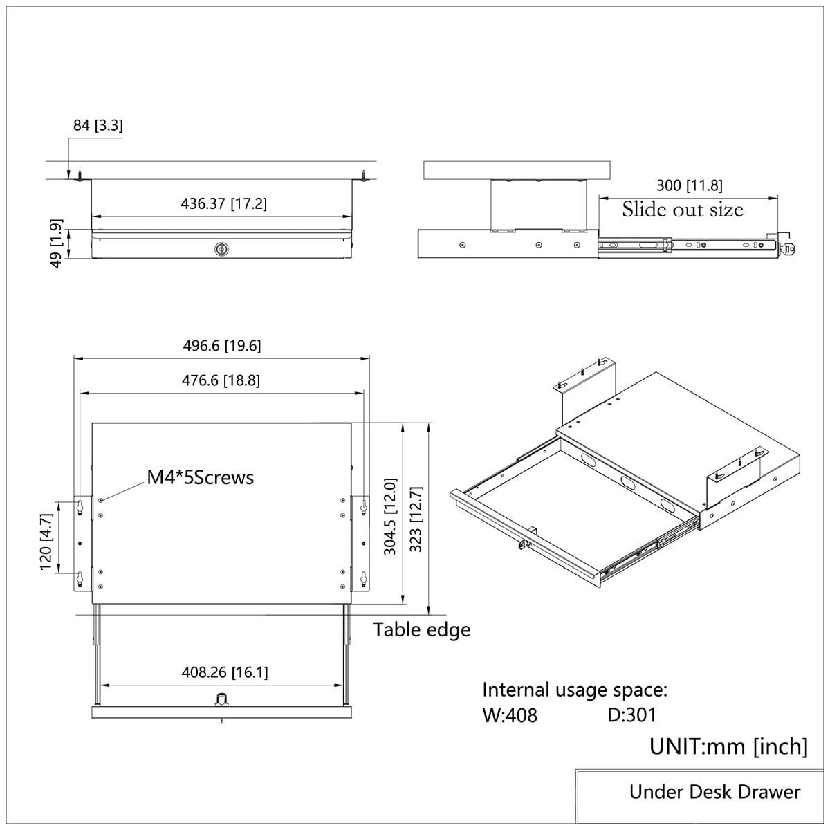 Under Desk Lockable Sliding Drawer Cable Management Storage 17x12x3.2 Inch