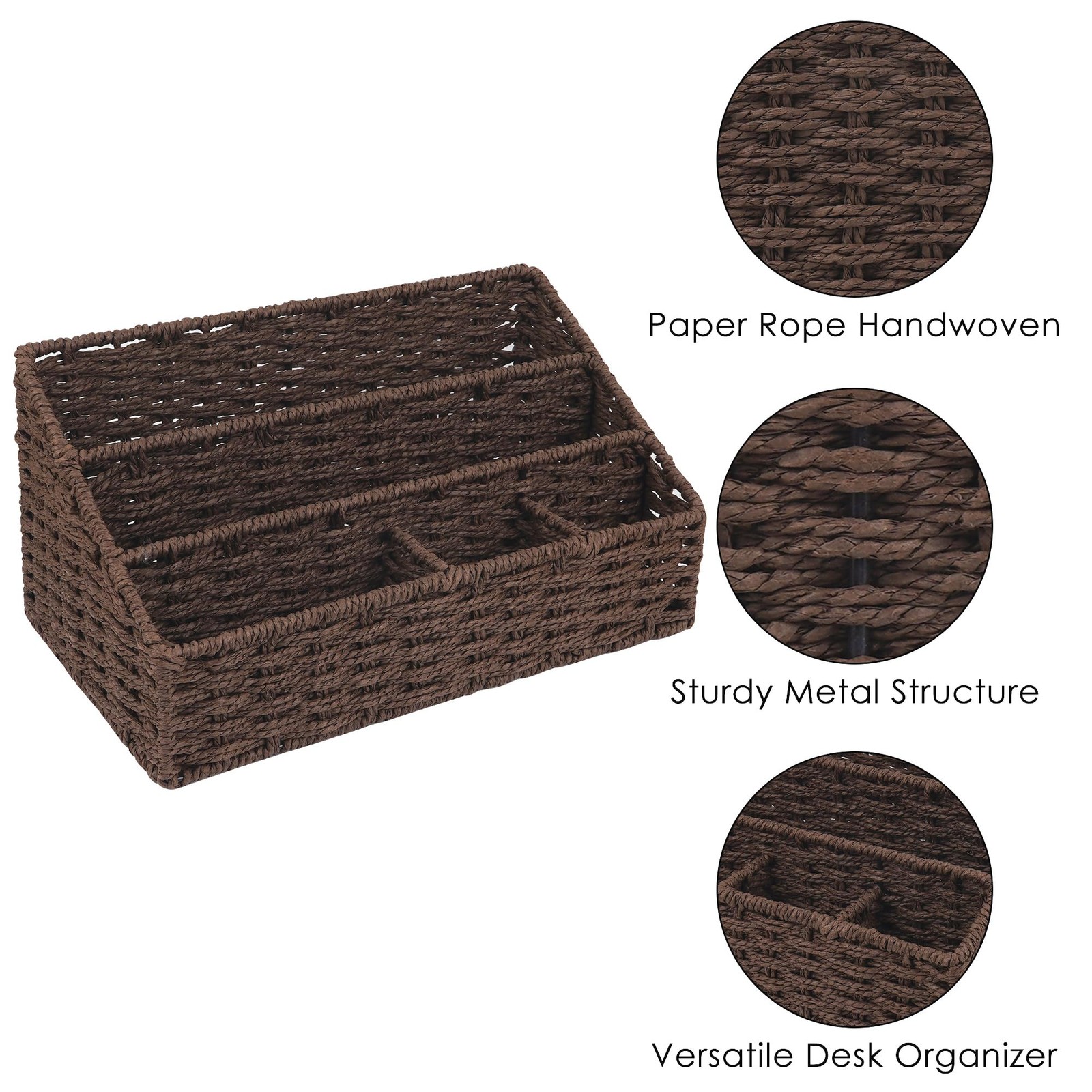 Woven Desk Organizer Basket with 5 Compartments, Rustic Paper Rope Mail Holde…