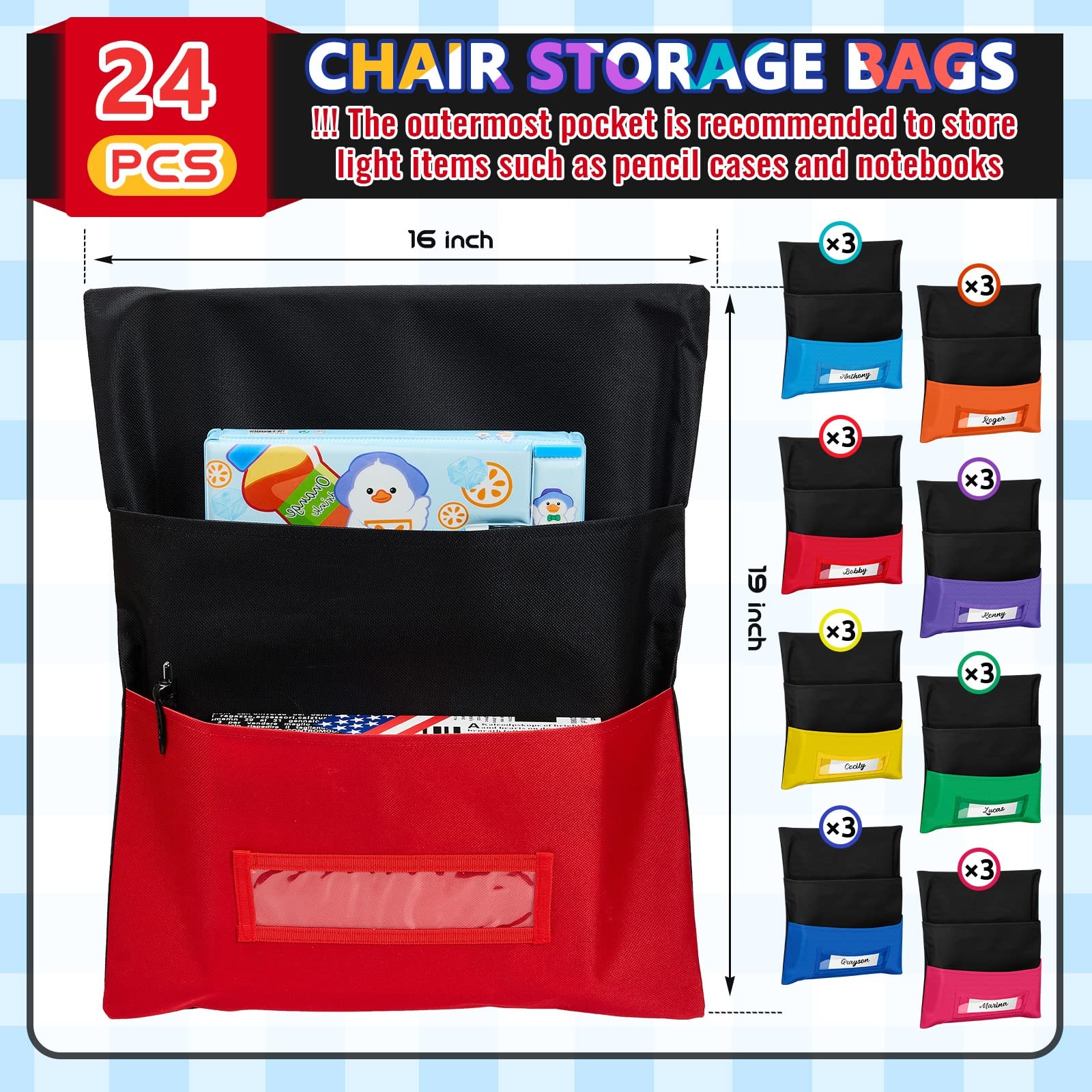 24 Pcs Chair Storage Pocket 16 x 19 Inch Large Chair Pocket Classroom Seat Or…