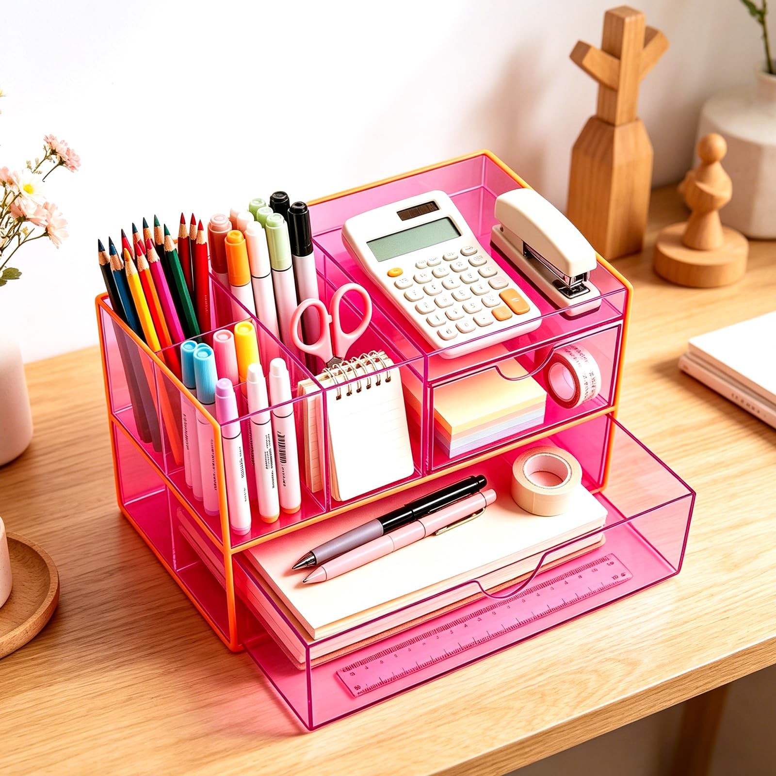 Desk Organizer with Drawers Acrylic Desktop Organizer Pen Holder Caddy for Of…
