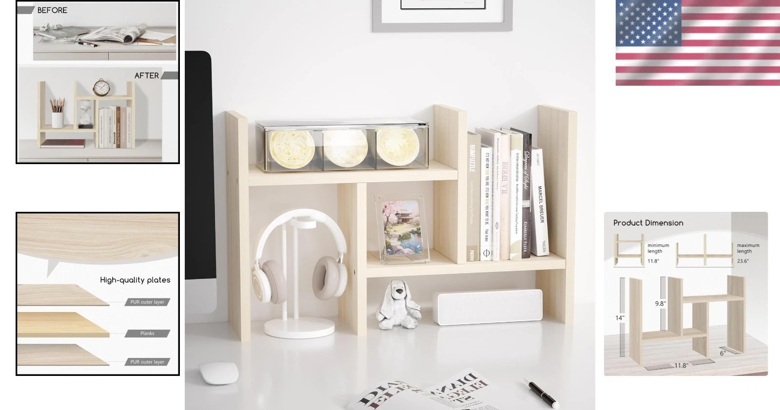 Adjustable Desktop Organizer – Stylish White Wood Mini Bookshelf for Office