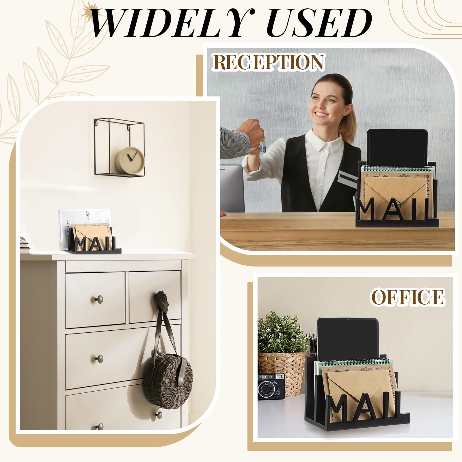 Mail Holder Wooden Organizer Black Countertop Cutout Lettering Desktop Rack