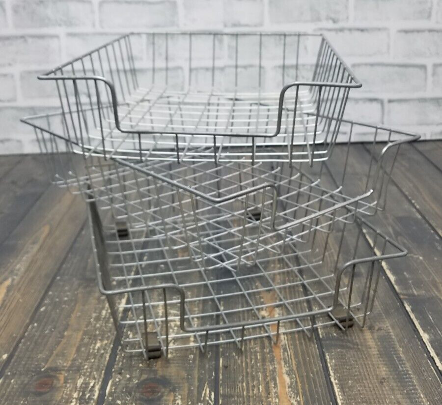 LOT of 3 – Vintage Industrial Metal Wire In-Out Letter Size Desk Tray Baskets