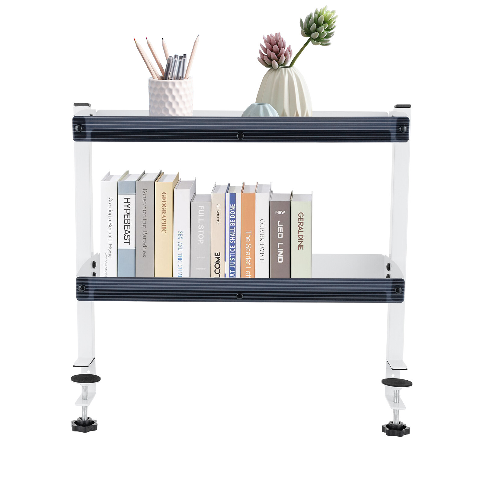 2-Tier Clamp-On Desk Shelf, Adjustable White Storage Organizer for Home