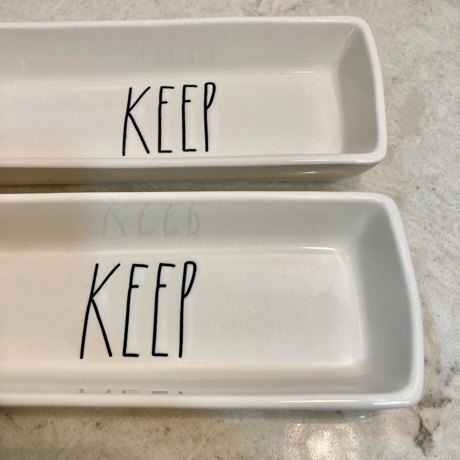 Set of 2 Rae Dunn “KEEP” Divided Dish Office/kitchen Organizer White 11”x3.5”