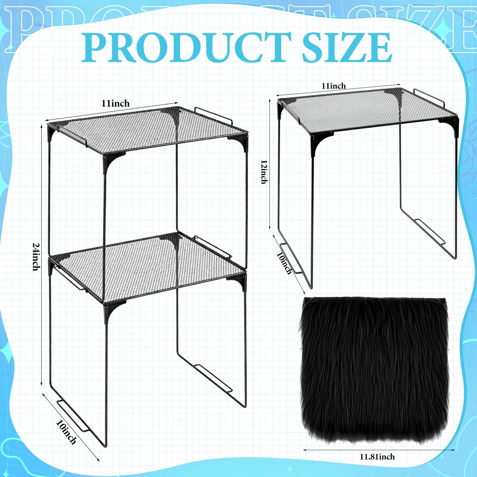 Locker Organizer Shelf with Square Fluffy Mat, 3 Pcs 24in Tall Stackable Meta…