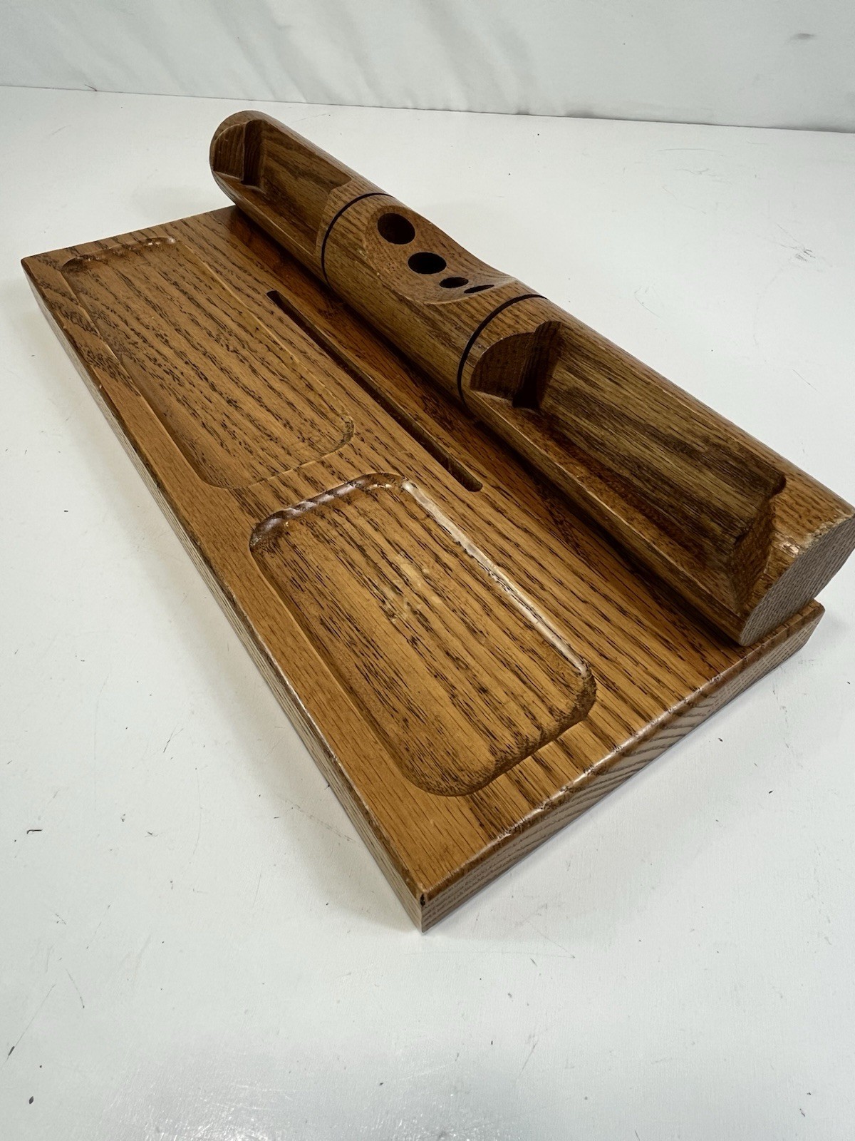 Wooden Desk Organizer 14″ x 8″ Oak Heavy MCM Business Cards Pencils Notes