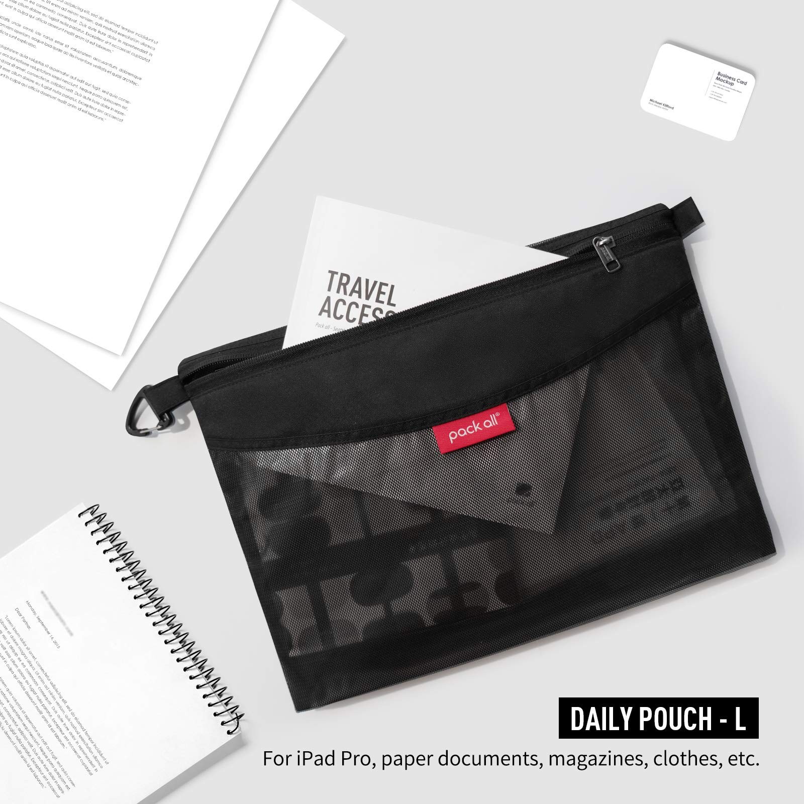 Large Black Mesh Zipper Pouch Water-Resistant Bag Storage Travel Office
