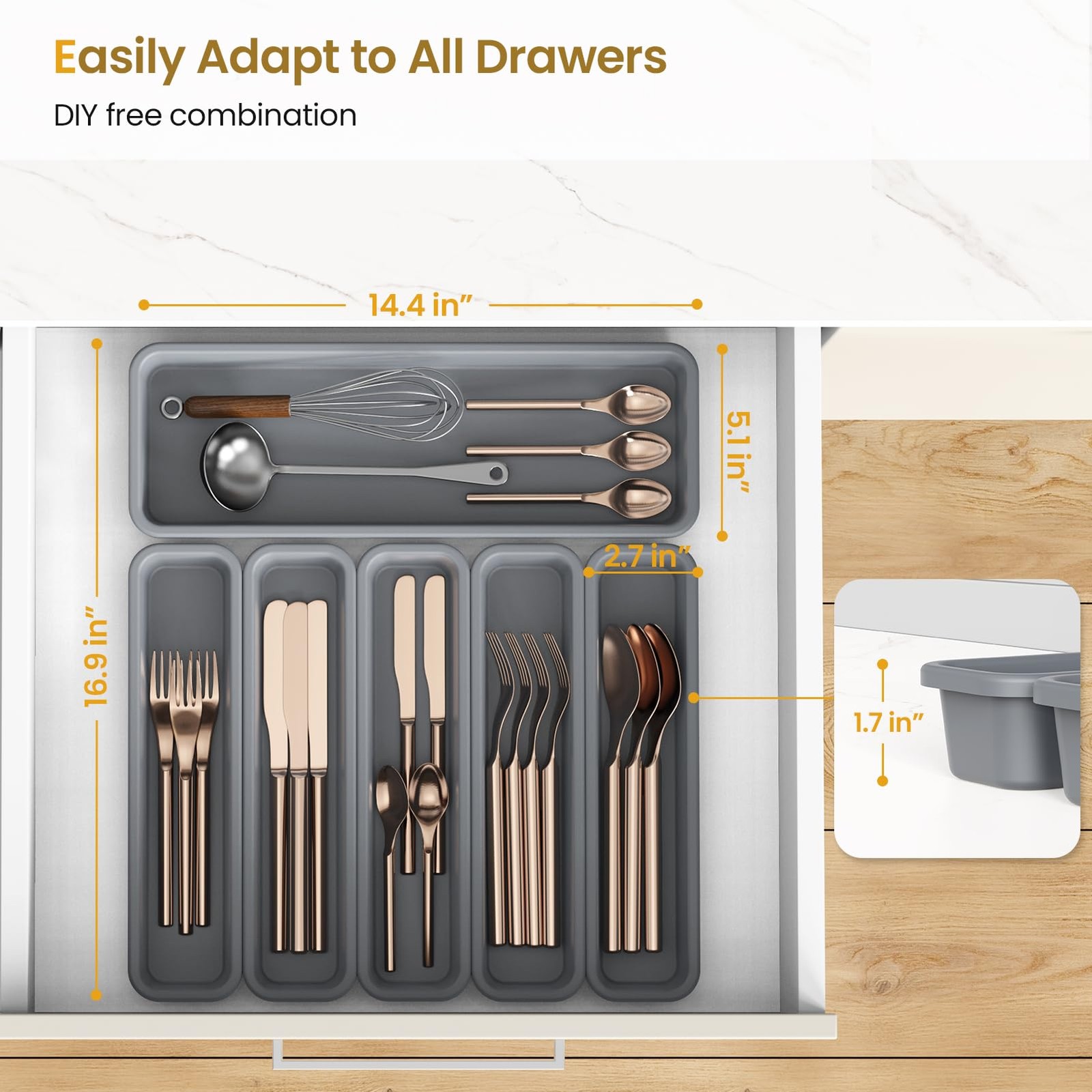 K KORKUAN 6 Pack Silicone Drawer Organizer for Kitchen, DIY Free 6 Pack, Grey
