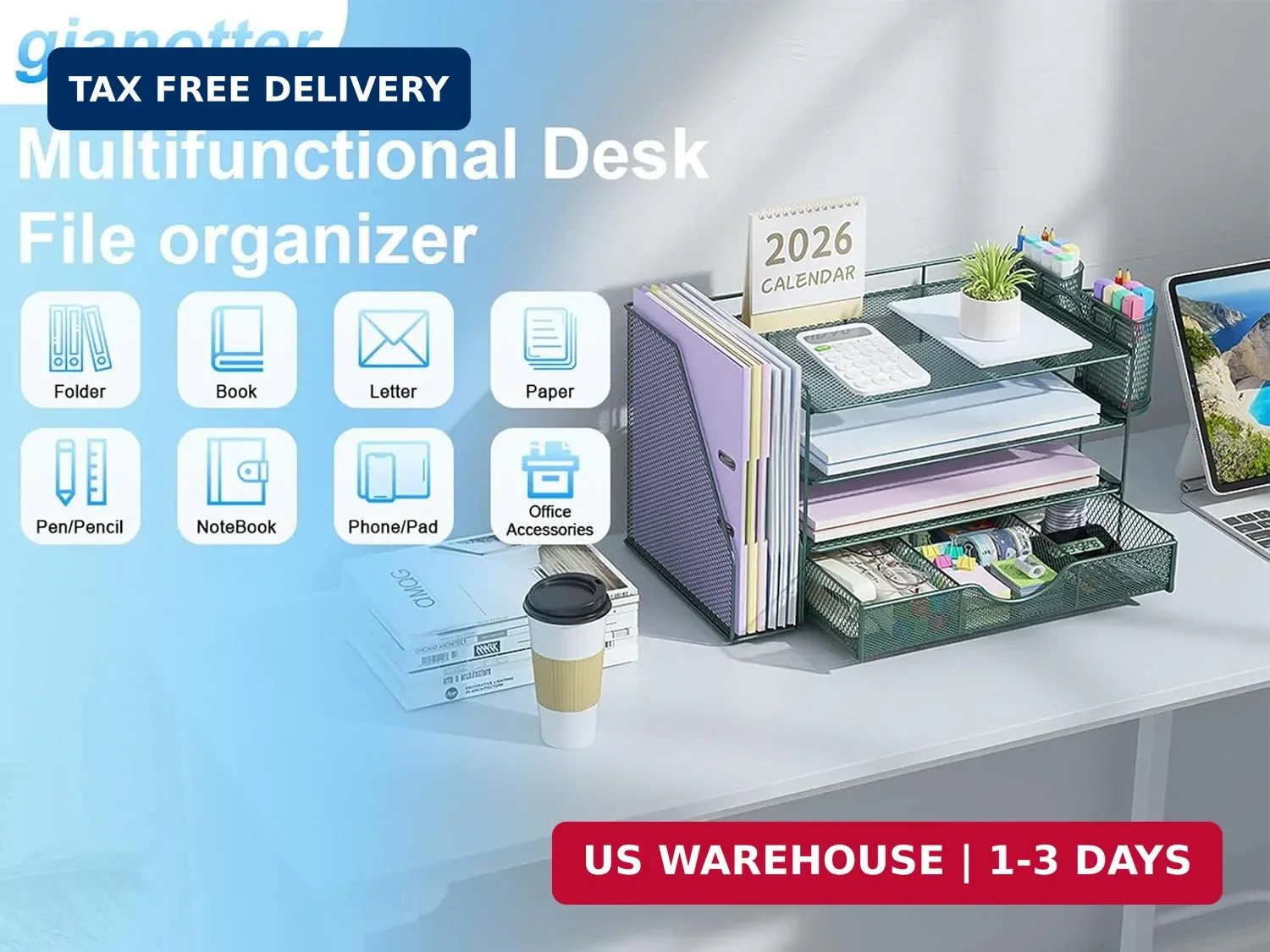 gianotter 4-Tier Desk Organizer with Drawers, File Holders, Letter Trays and Pen