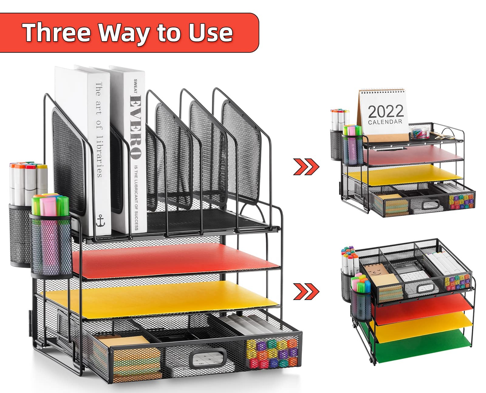 Marbrasse Desk organizer with Drawer, 4-Tier Mesh File Mesh, Black