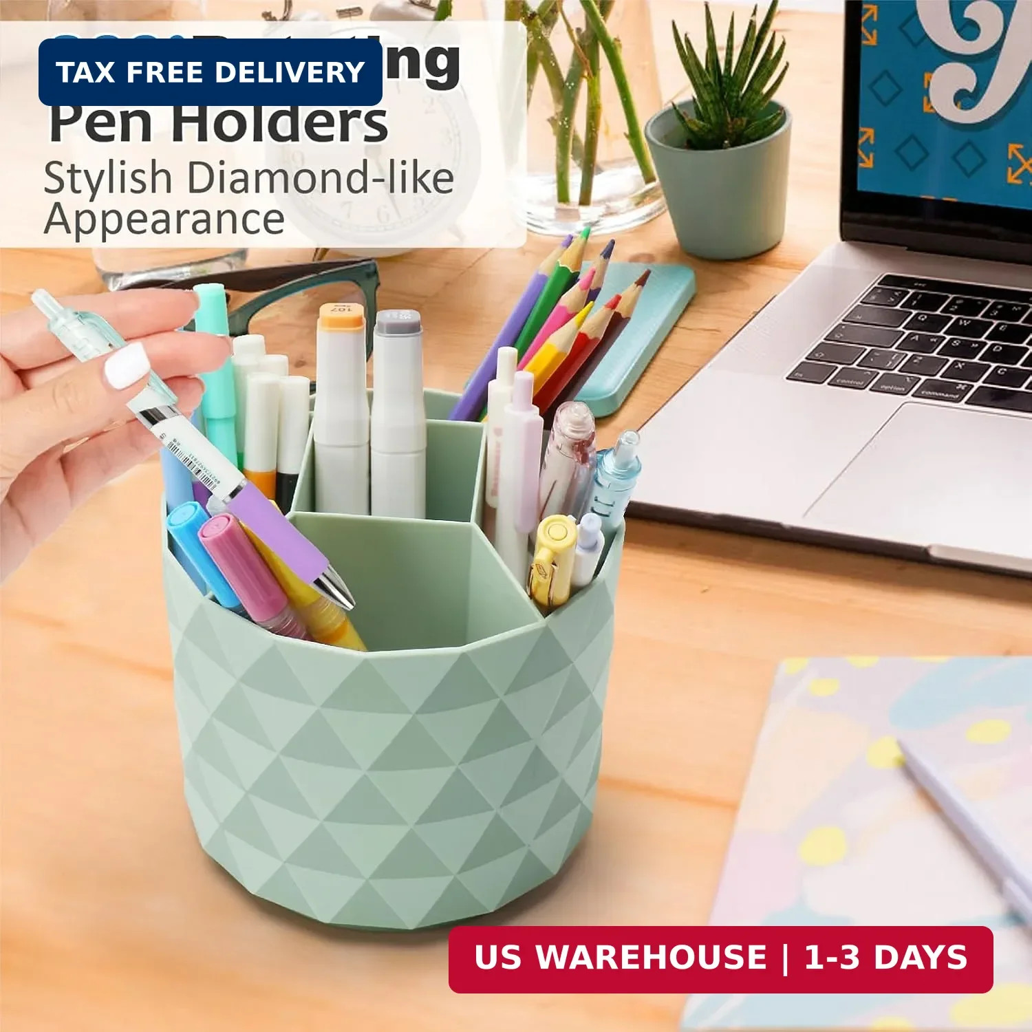 Desk Organizer, 360-Degree Rotating Pencil Pen Holders For Desk, Diamond Pattern