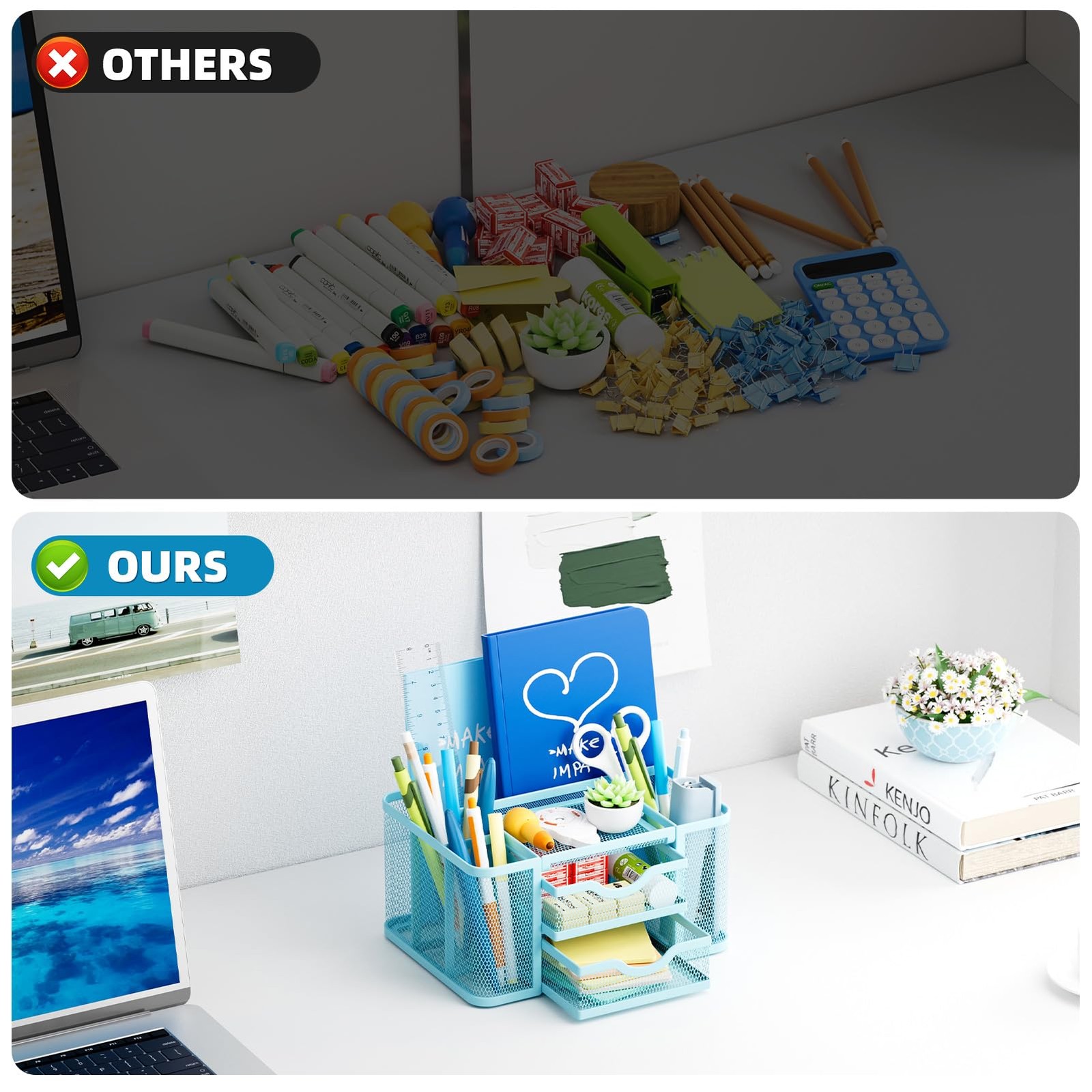Mesh Desk Organizer, Pen Organizer with 2 Drawer, Multi-Functional Pencil Hol…